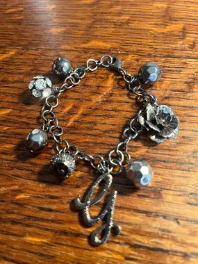 Gunmetal Initial Charm Bracelet with Floral Accent